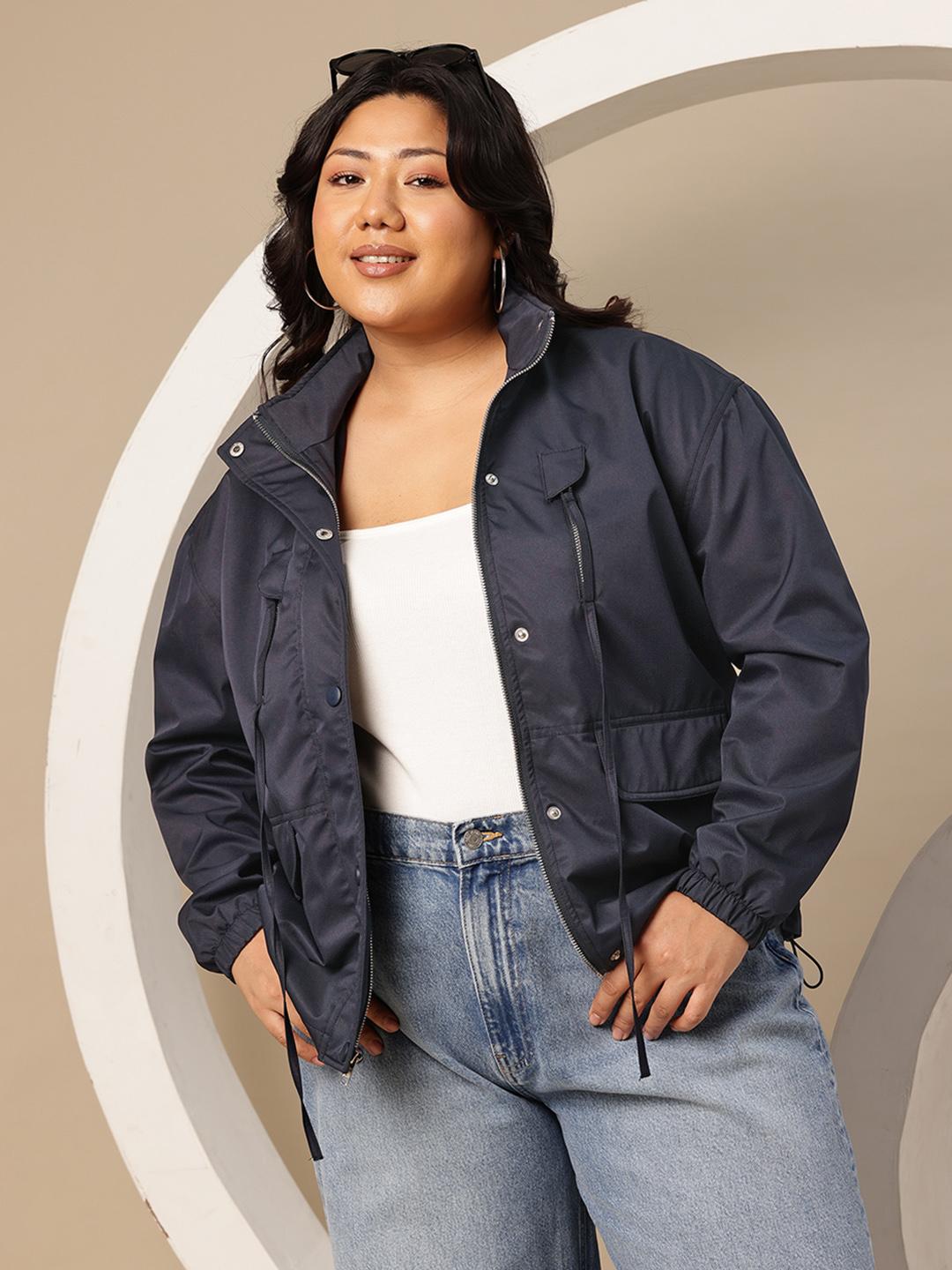 Sztori Plus Size Mock Collar Tailored Jacket with Toggled Hem