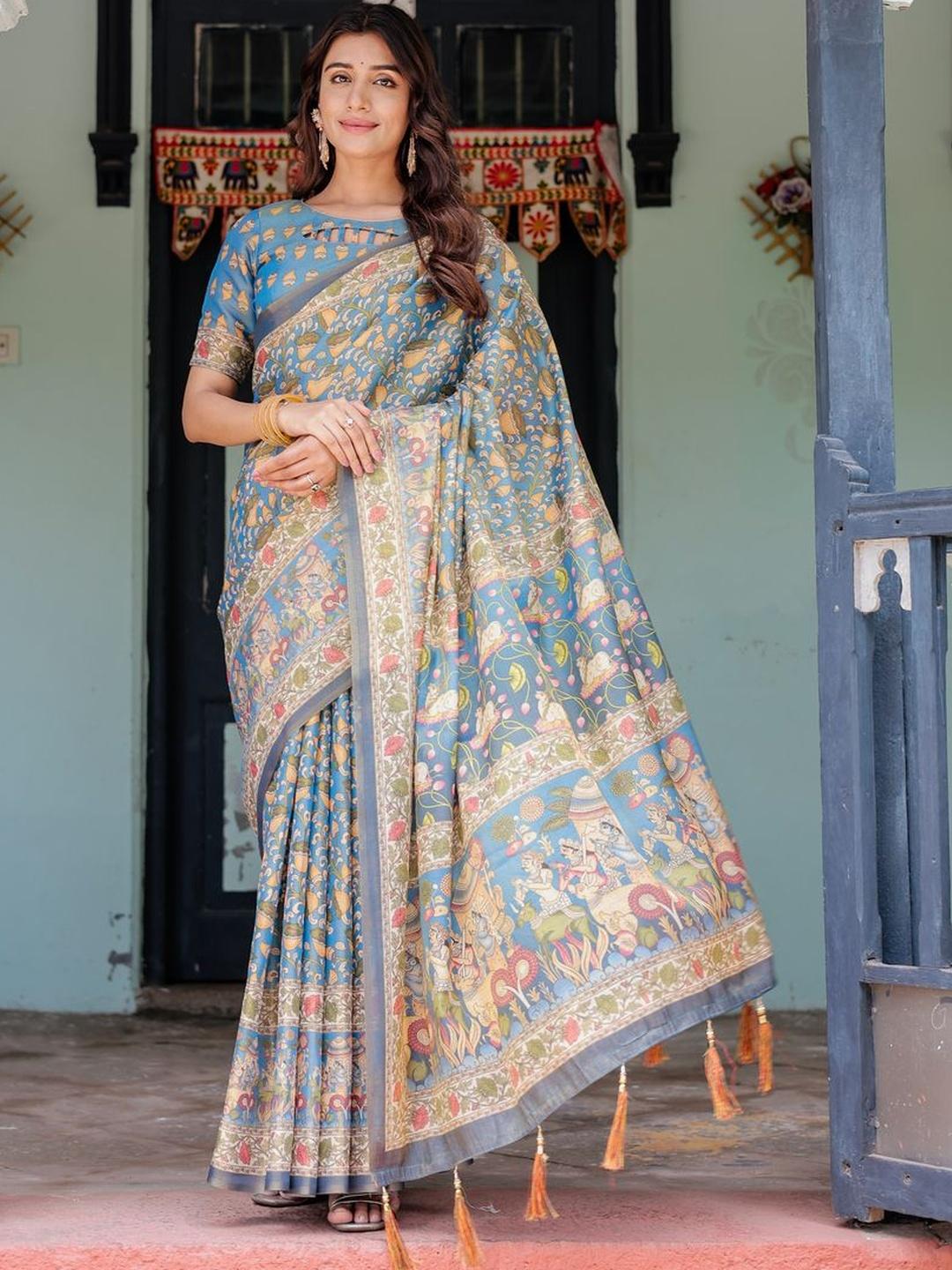 Buy ALMAARI FASHION Kalamkari Pure Cotton Kanjeevaram Saree And ...