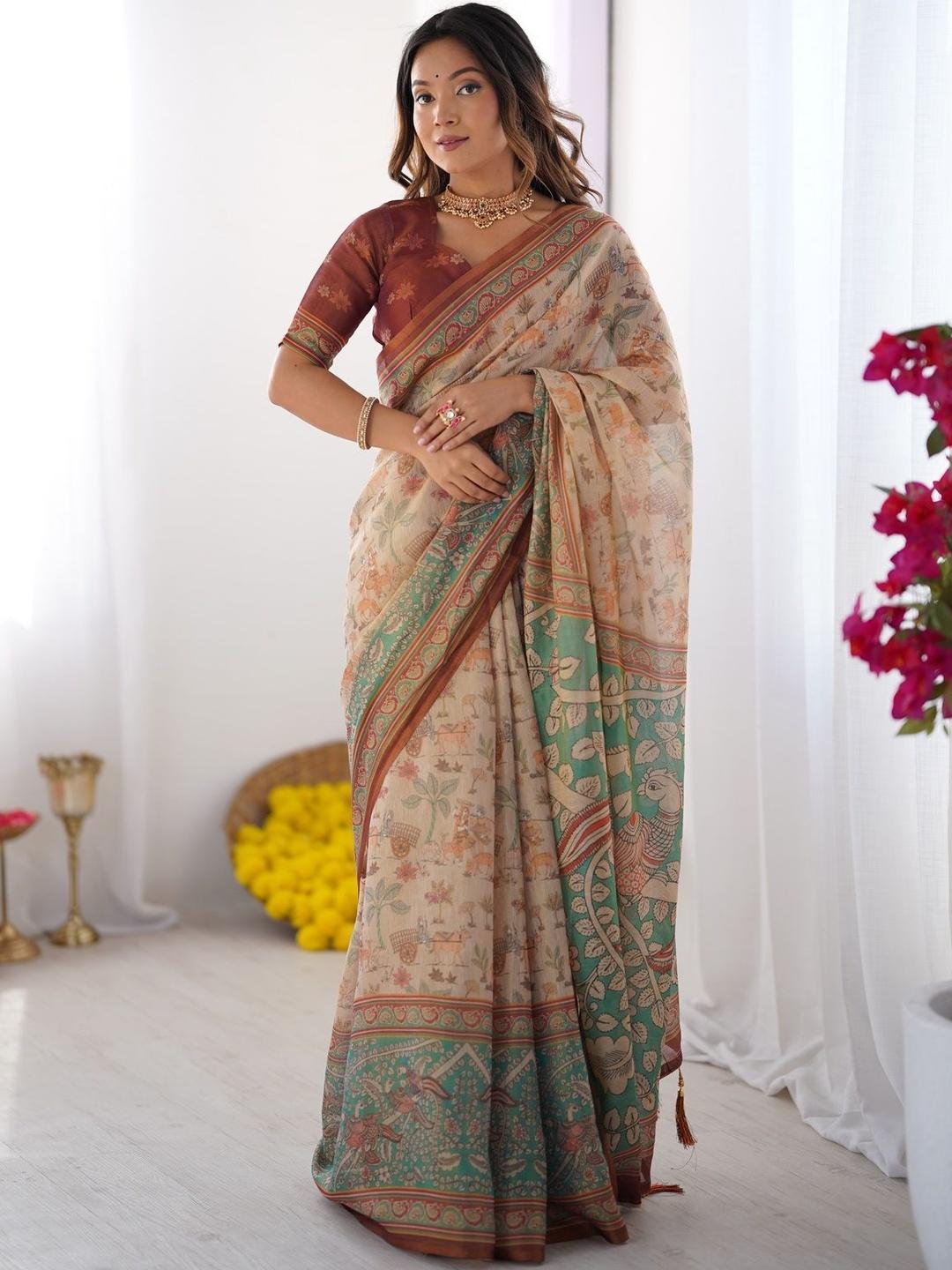 Buy ALMAARI FASHION Ethnic Motifs Pure Cotton Banarasi Saree - Sarees ...