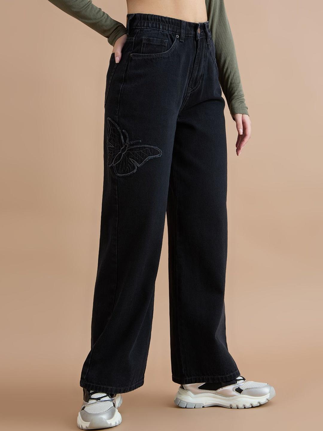 TARAMA Women Black Butterfly Embroidered Cotton High-Rise Wide-Leg Jeans
