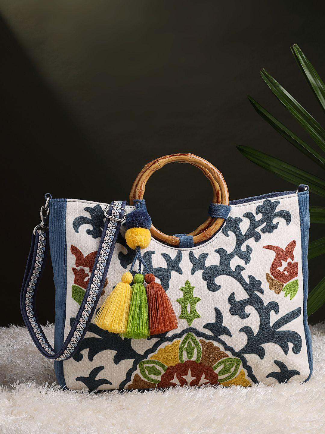 Anekaant Tribal Sutra Off White Canvas Floral Embroidered Handheld Bag