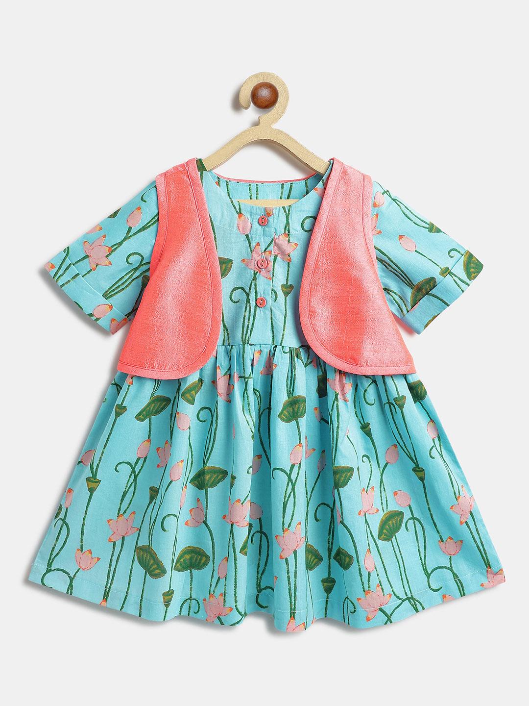 Campana Girls Striped Fit & Flare Cotton Knit Dress - Orange & Multicolour main image 1