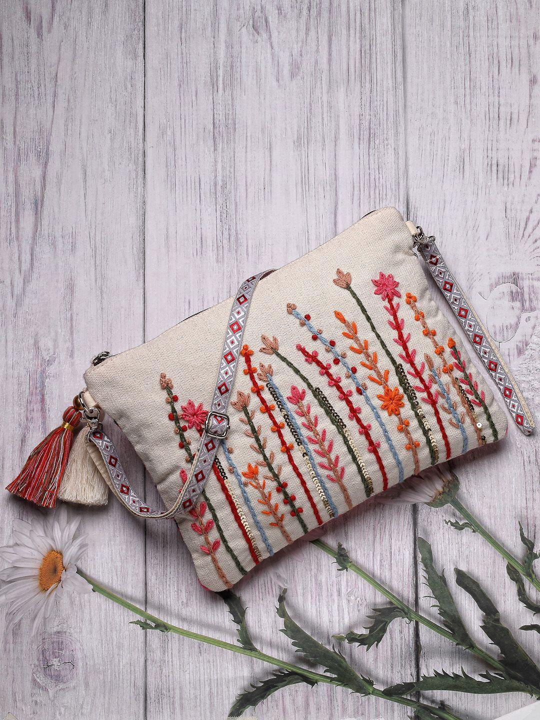 Buy Anekaant Thread Floral Embellished Tasselled Cotton Structured ...