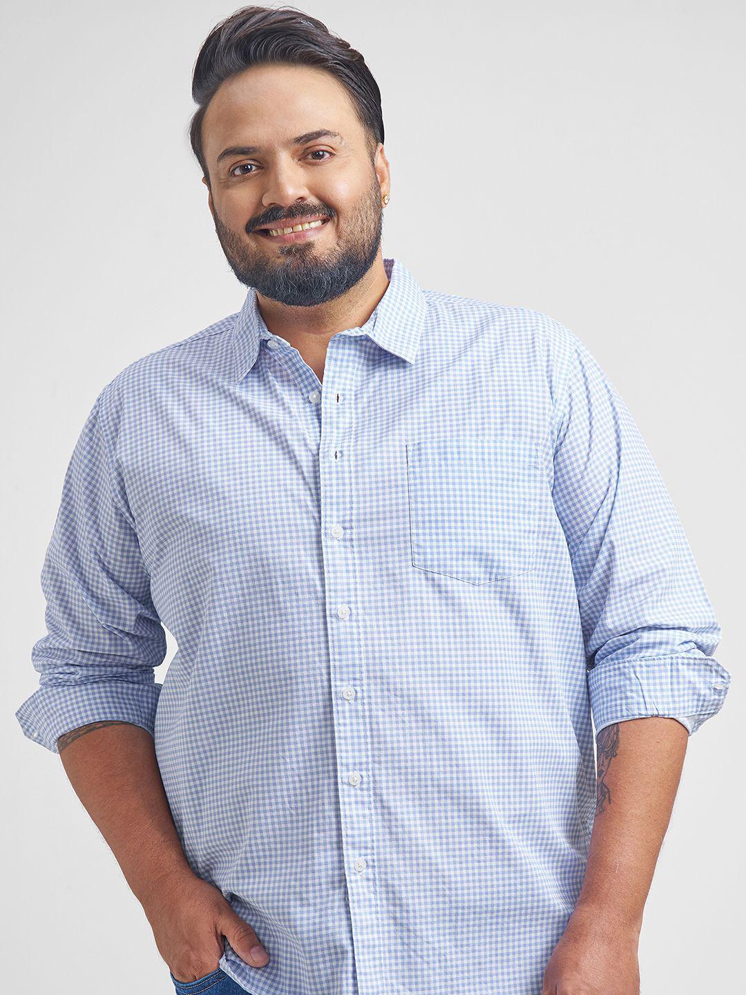 HIGHLANDER Men Plus Size Slim Fit Gingham Checked Spread Collar Cotton Casual Shirt