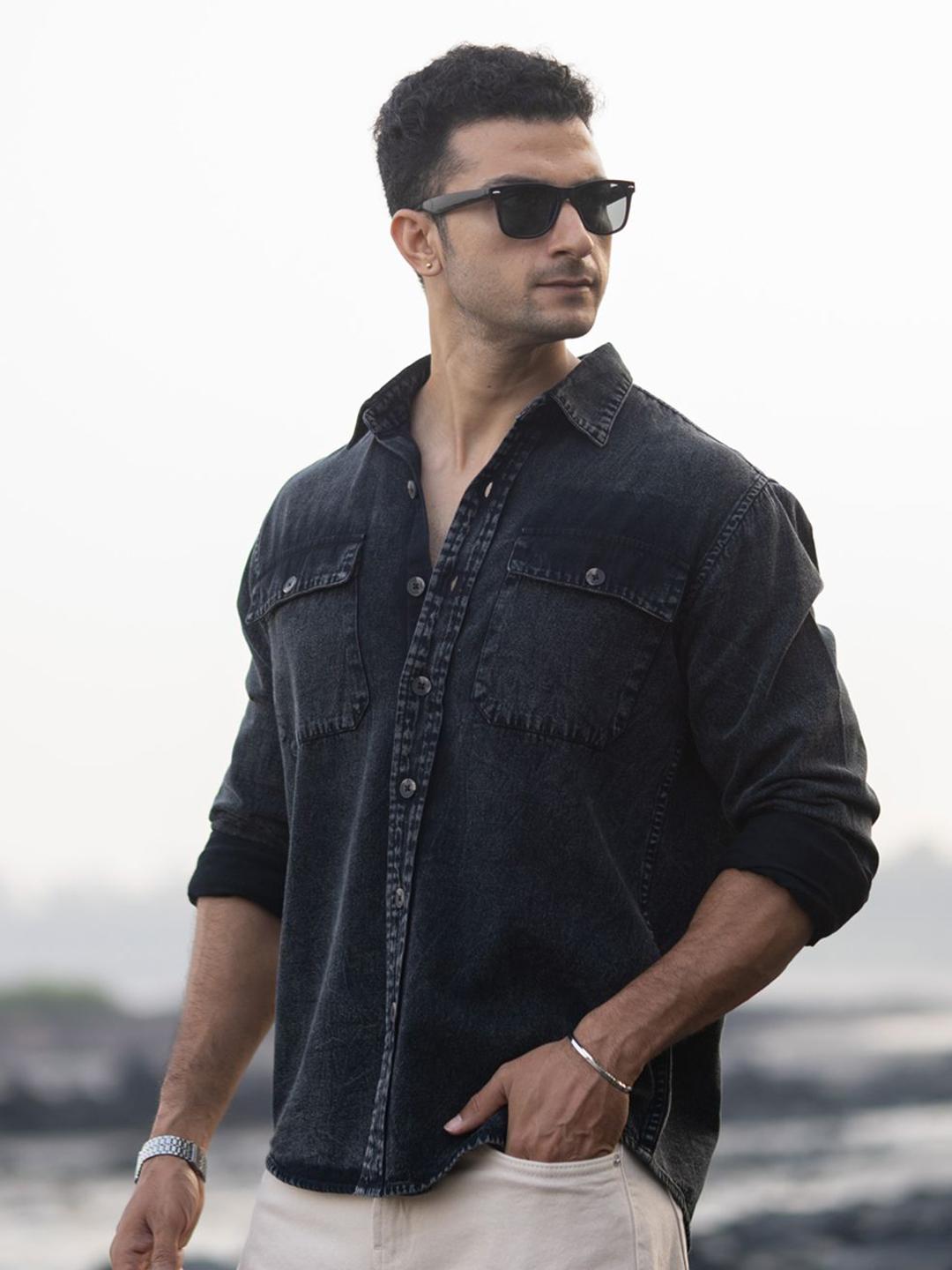 Powerlook Men Spread Collar Faded Washed Cotton Denim Shirt