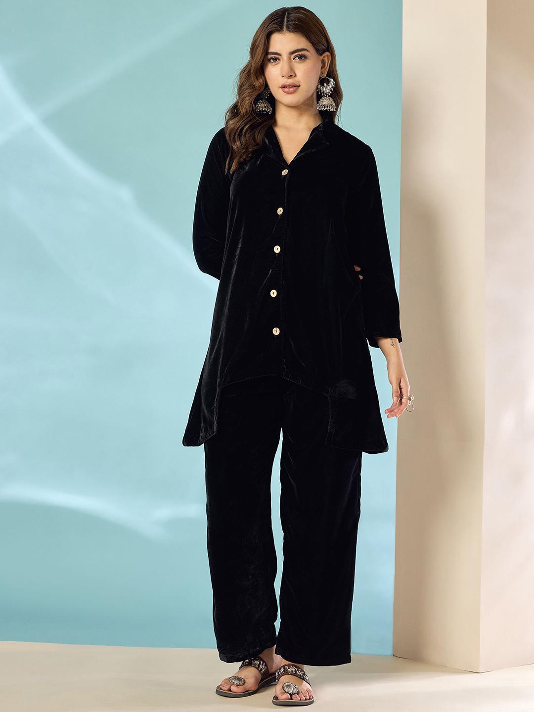 Buy InWeave Shirt Collar Neck Velvet Tunic With Trouser -  - Apparel for Women