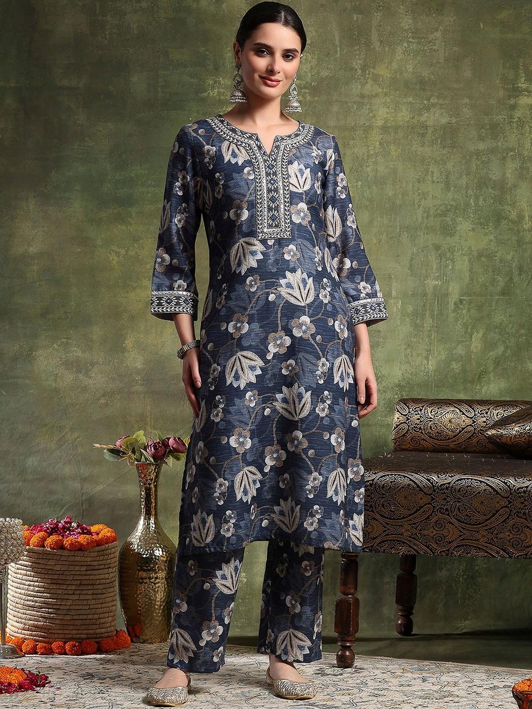 Buy Nayam By Lakshita \Floral Printed Notch Neck Thread Work Pashmina Woollen Kurta & Palazzo Set - - Apparel for Women