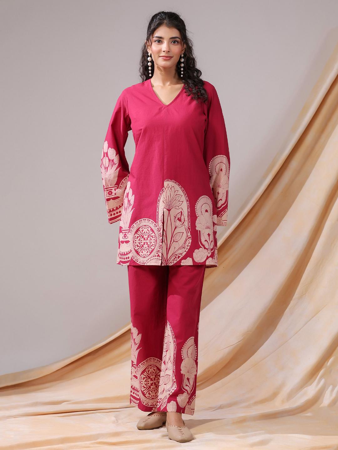 Buy JISORA Pink Printed V Neck Pure Cotton Tunic With Palazzo Co Ords -  - Apparel for Women