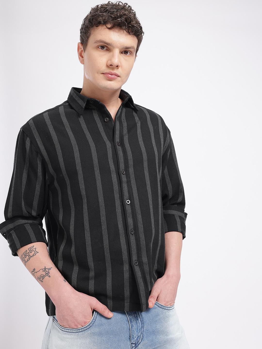 glitchez Vertical Striped Cutaway Collar Oversized Casual Shirt