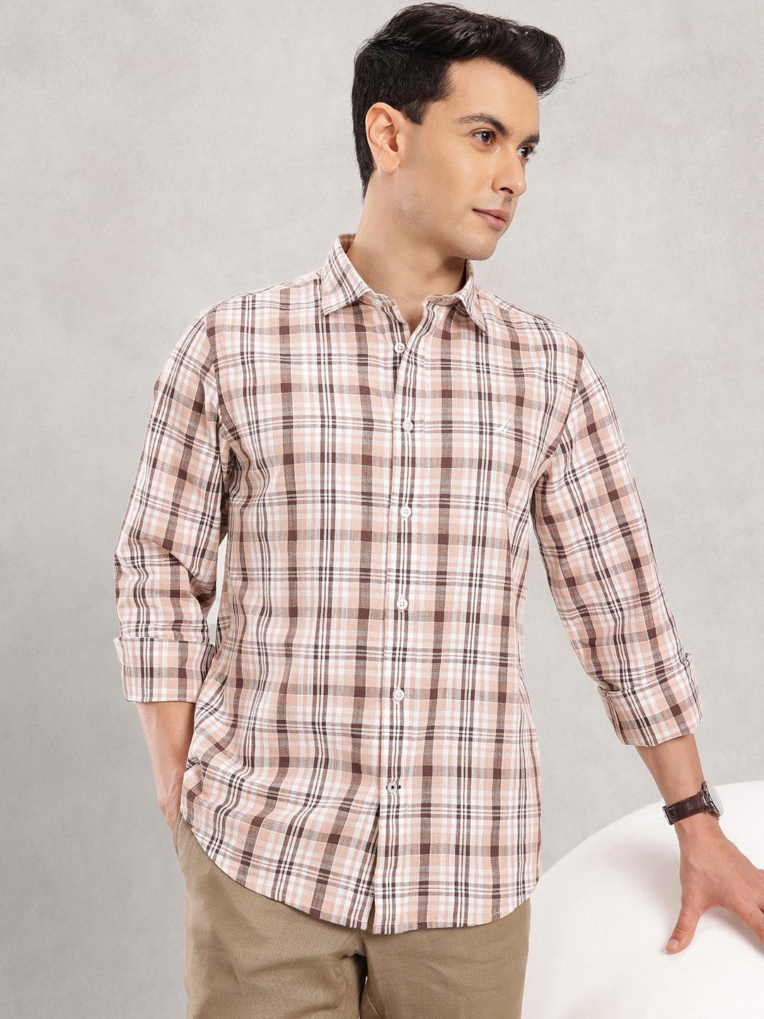Nautica Cotton Linen Checked Slim Fit Casual Shirt