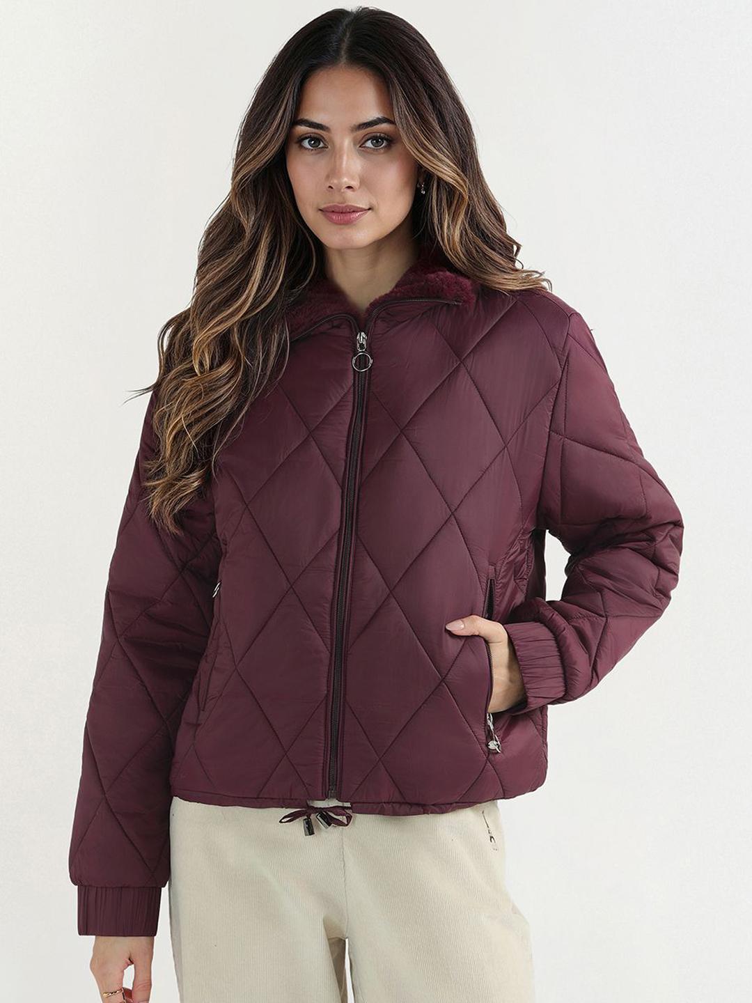 ELLE Women Mock Collar Solid Quilted Jacket