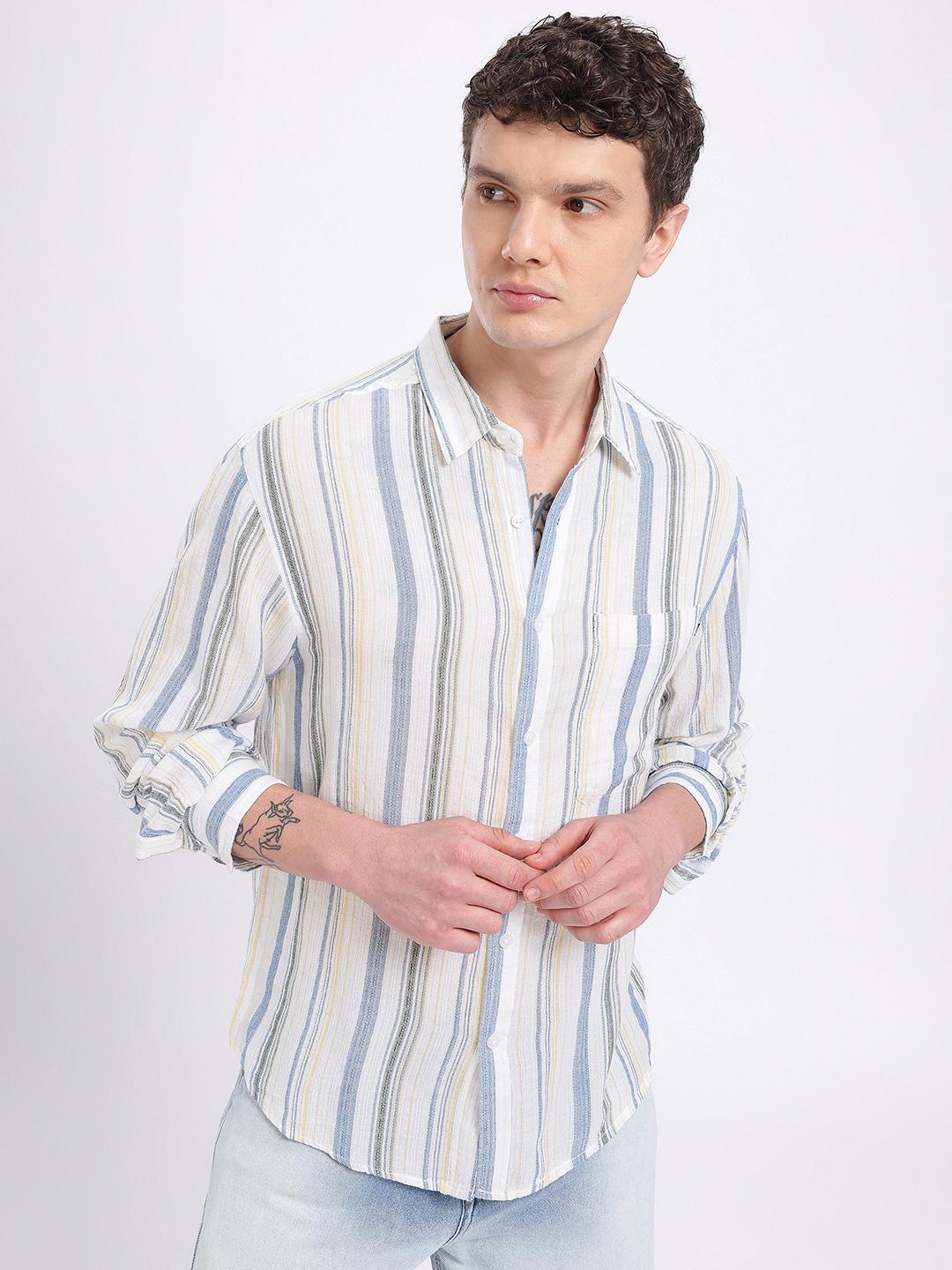 glitchez  Variegated Striped Cutaway Collar Pure Cotton Relaxed Fit Shirt
