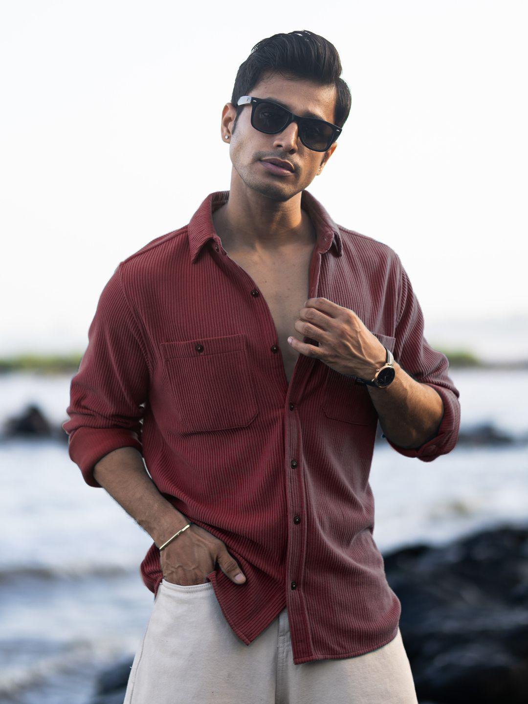 Powerlook Men Vertical Striped Spread Collar Wine Casual Shirt