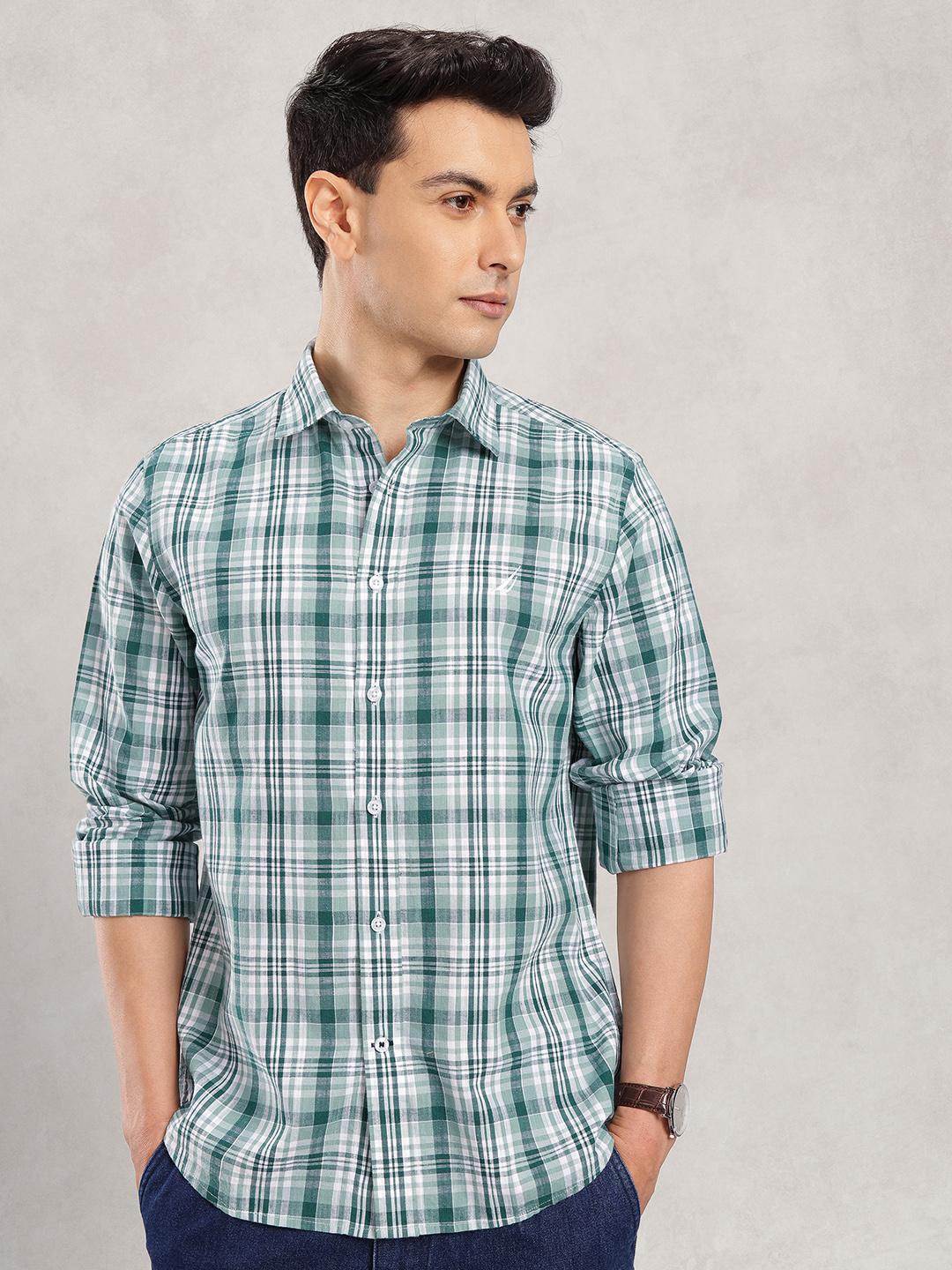 Nautica Cotton Linen Windowpane Checked Slim Fit Casual Shirt