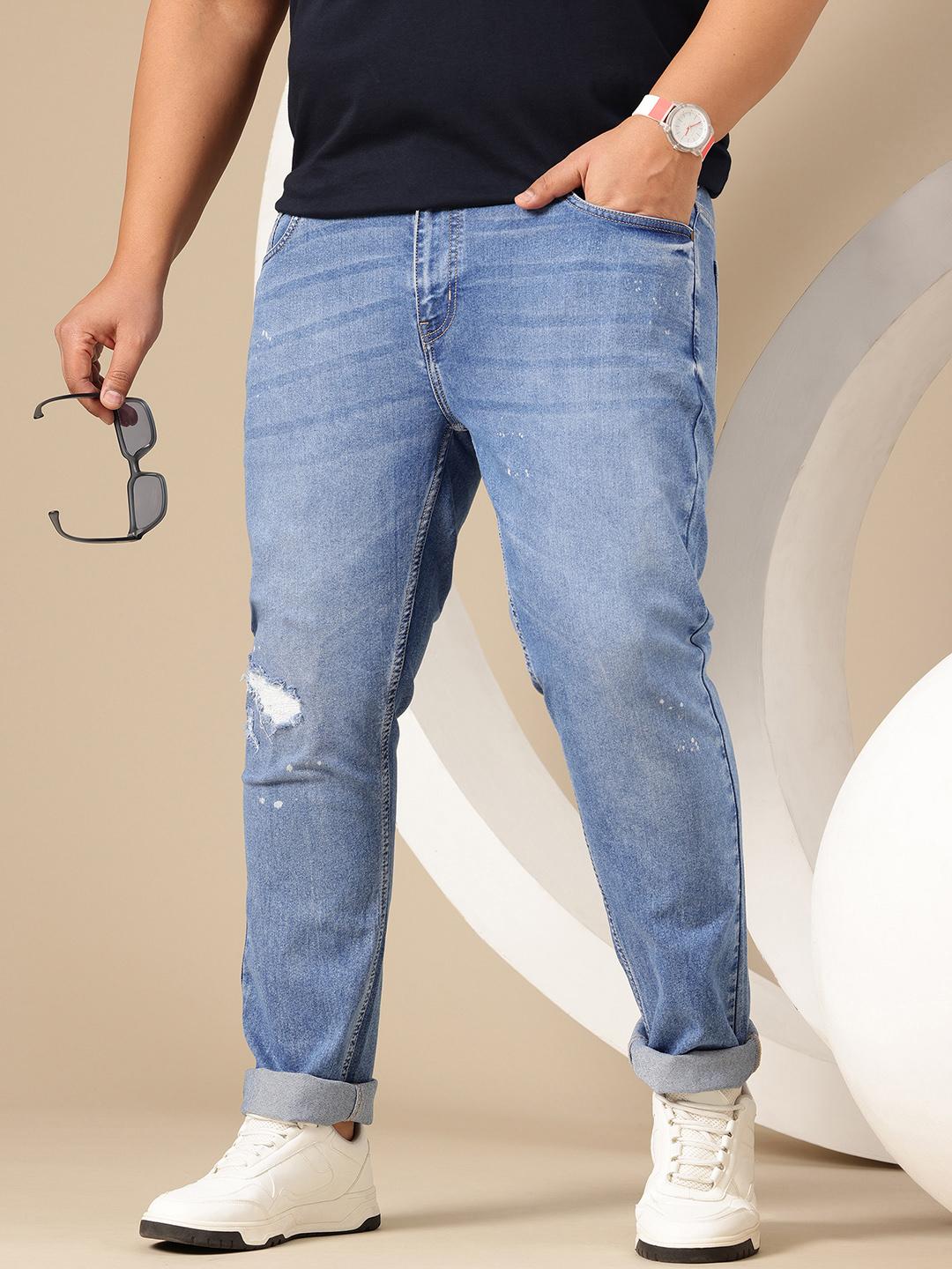 Sztori Men Plus Size Slim Fit Mid-Rise Mildly Distressed Light Fade Stretchable Jeans