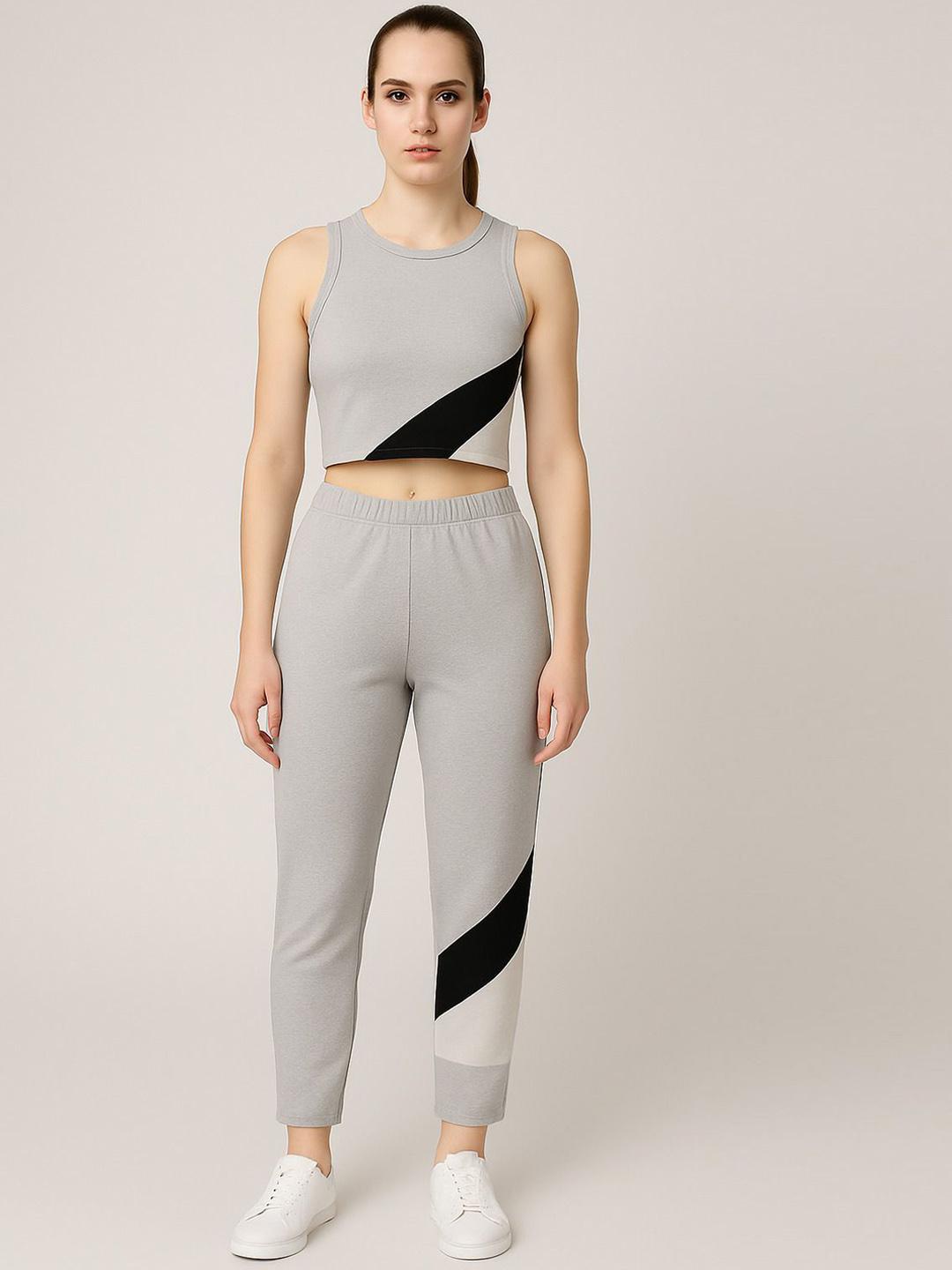 Buy CHROME & CORAL Colourblocked Round Neck Top With Treggings - - Apparel for Women