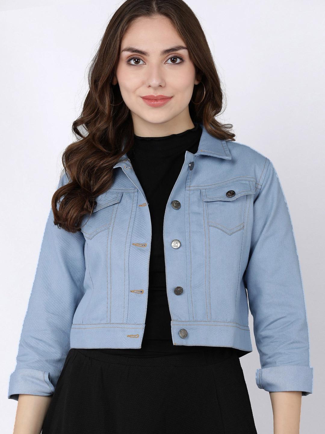 MONTREZ Women Blue Washed Crop Denim Jacket