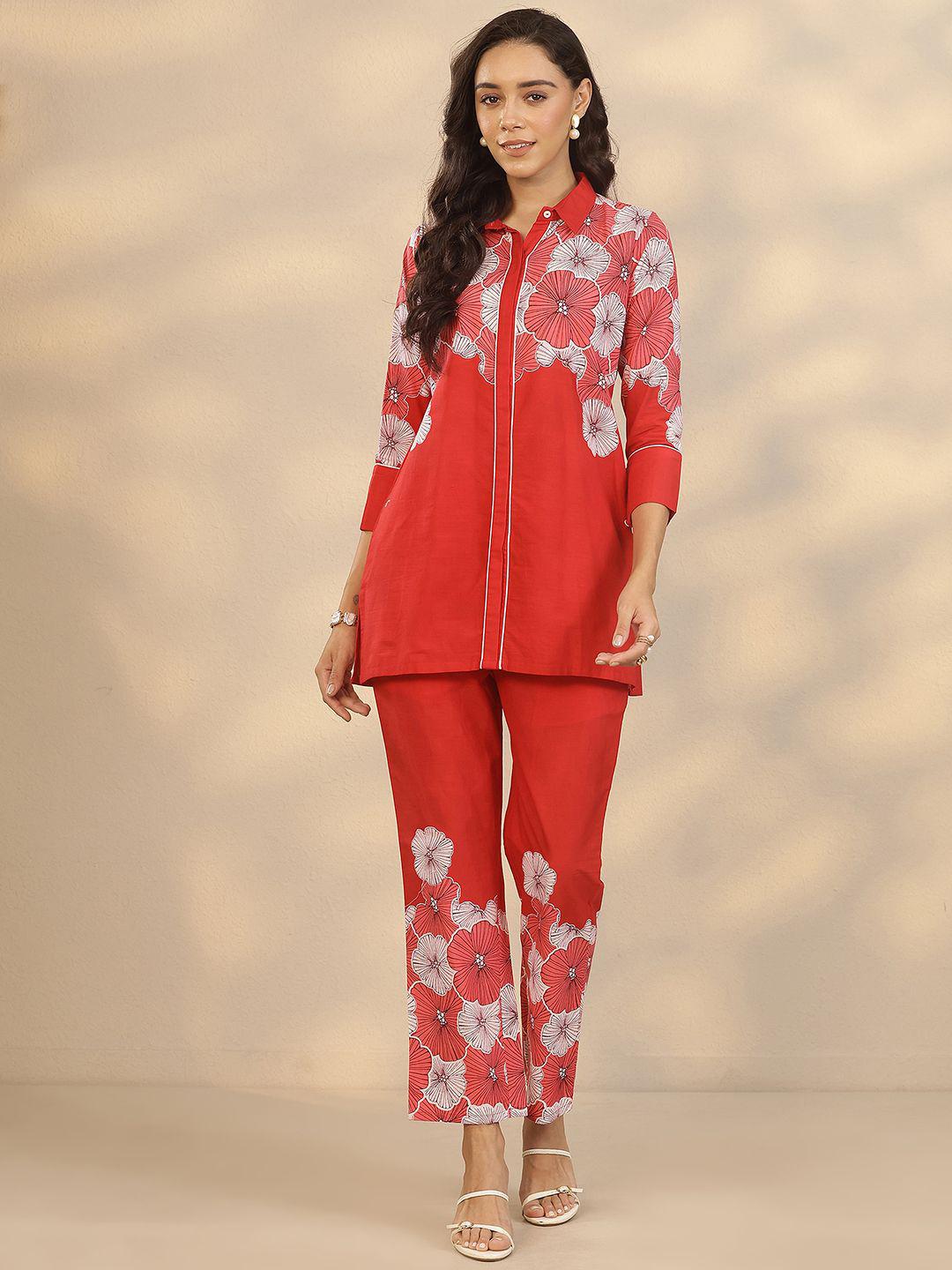 Buy Gerua By Libas Floral Printed Three Quarter Sleeves Shirt Collar Tunic With Trousers -  - Apparel for Women