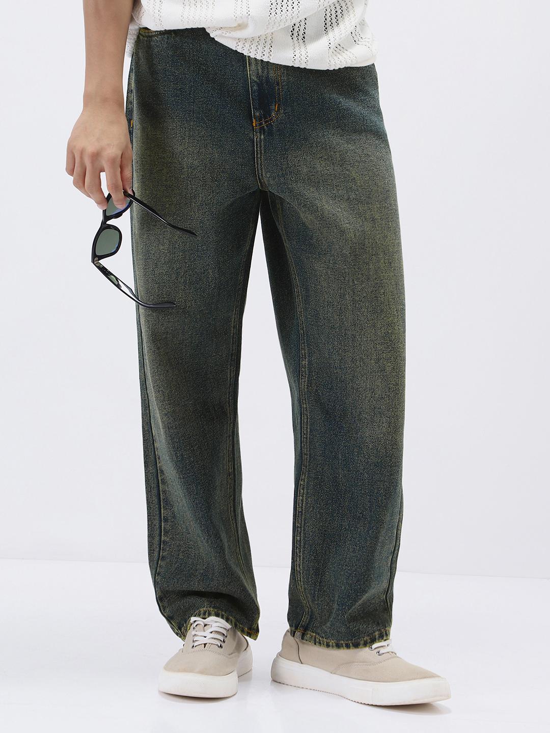 Urbano Fashion Men Washed Blue Loose Relaxed Fit Mid-Rise Heavy Fade