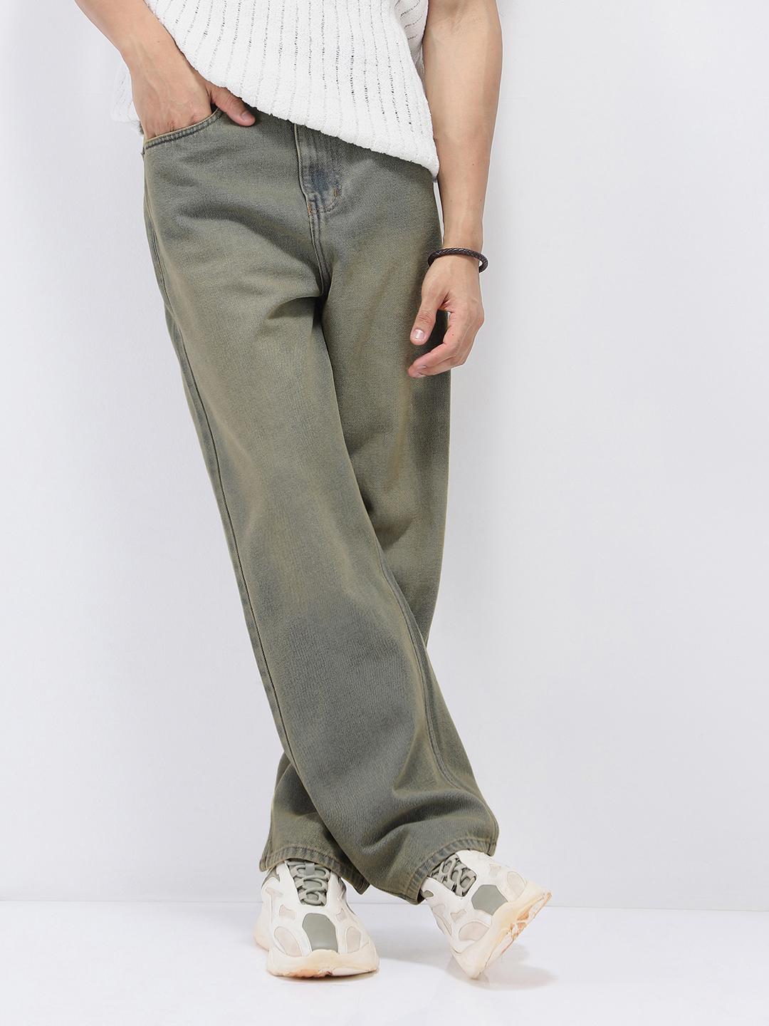 Urbano Fashion Men's Light Grey Loose Baggy Fit Non-Stretchable Heavy Washed Jeans