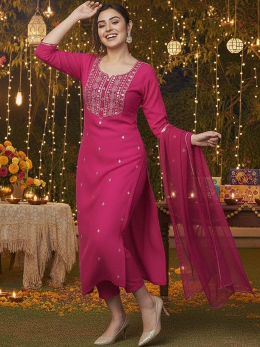 Notch Neck Thread Work Pure Cotton Anarkali Kurta with Trousers & Dupatta main image 1