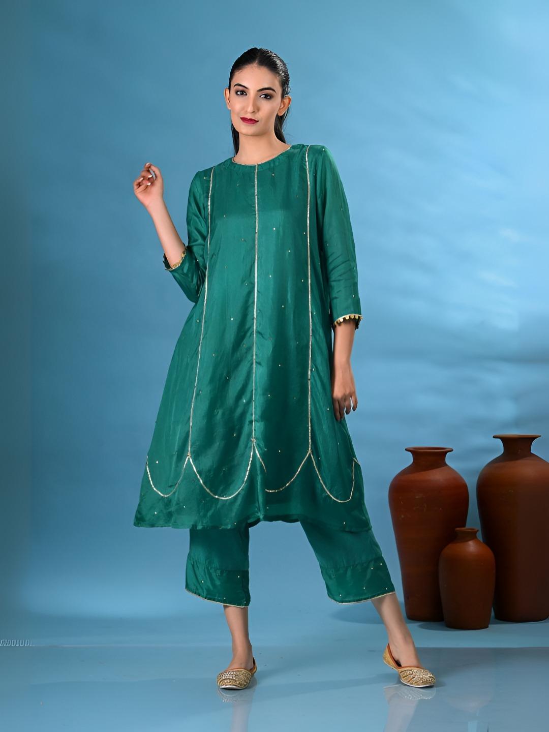 Round Gotta Buy SHOP GULMOHAR Round Neck Gotta Patti Pure Silk Kurta With Trousers ...