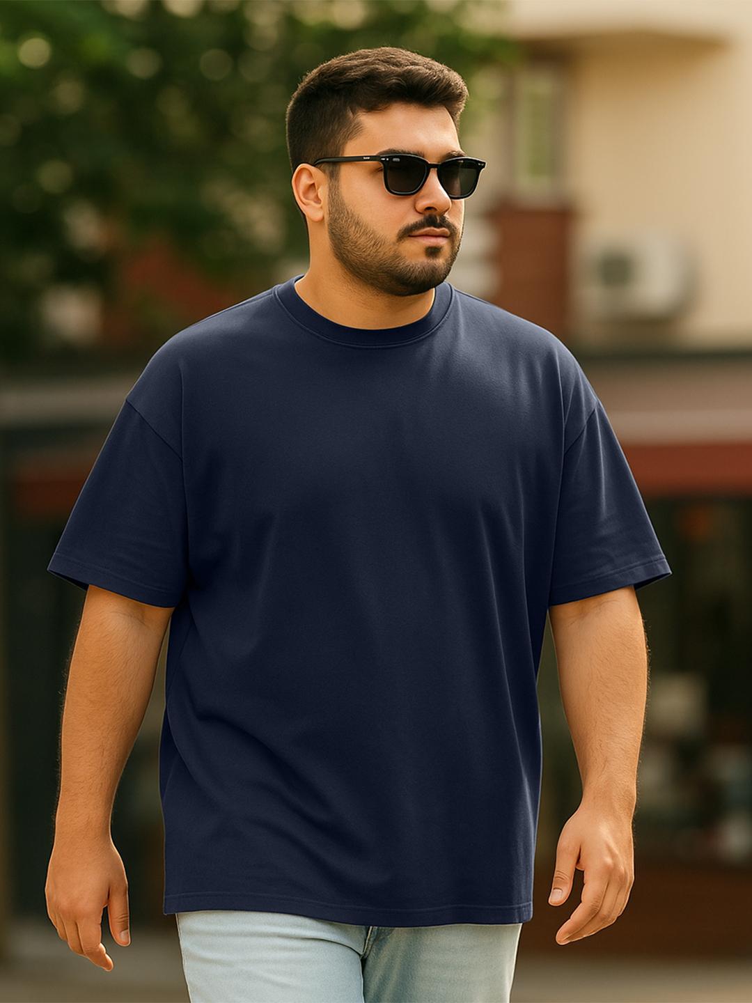 Navy Blue Cotton Thick Soft Textured Oversize Fit Basic Men's T-Shirt - 88377 main image 1