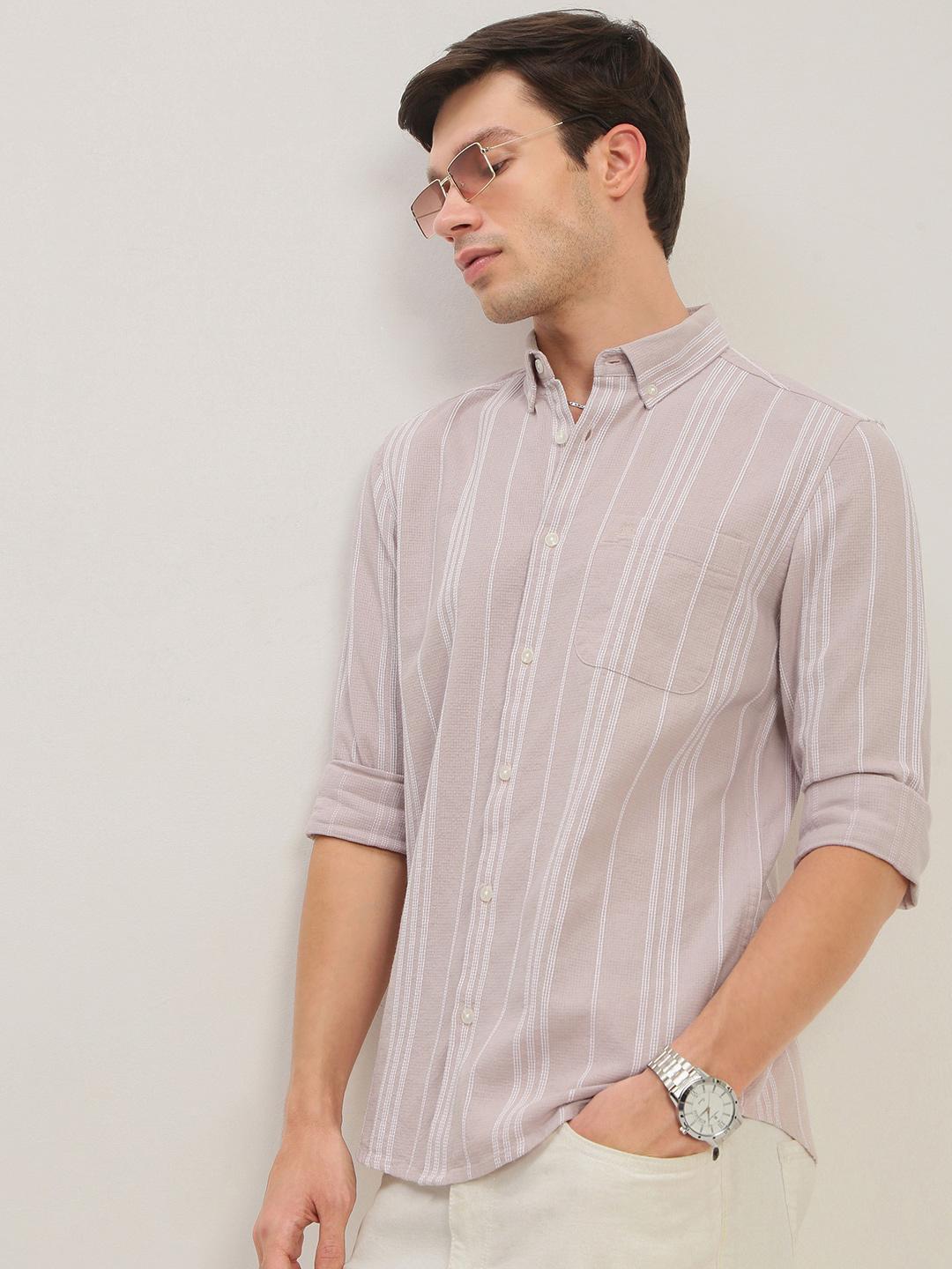 British Club Men Smart Fit Vertical Striped Button-Down Collar Cotton Casual Shirt