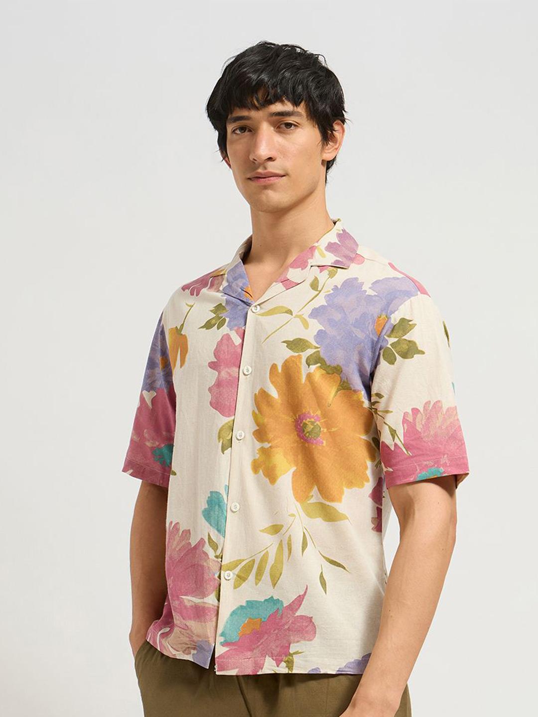 MISCHIEF MONKEY Men Classic Relaxed Fit Floral Printed Cuban Collar Pure Cotton  Shirt