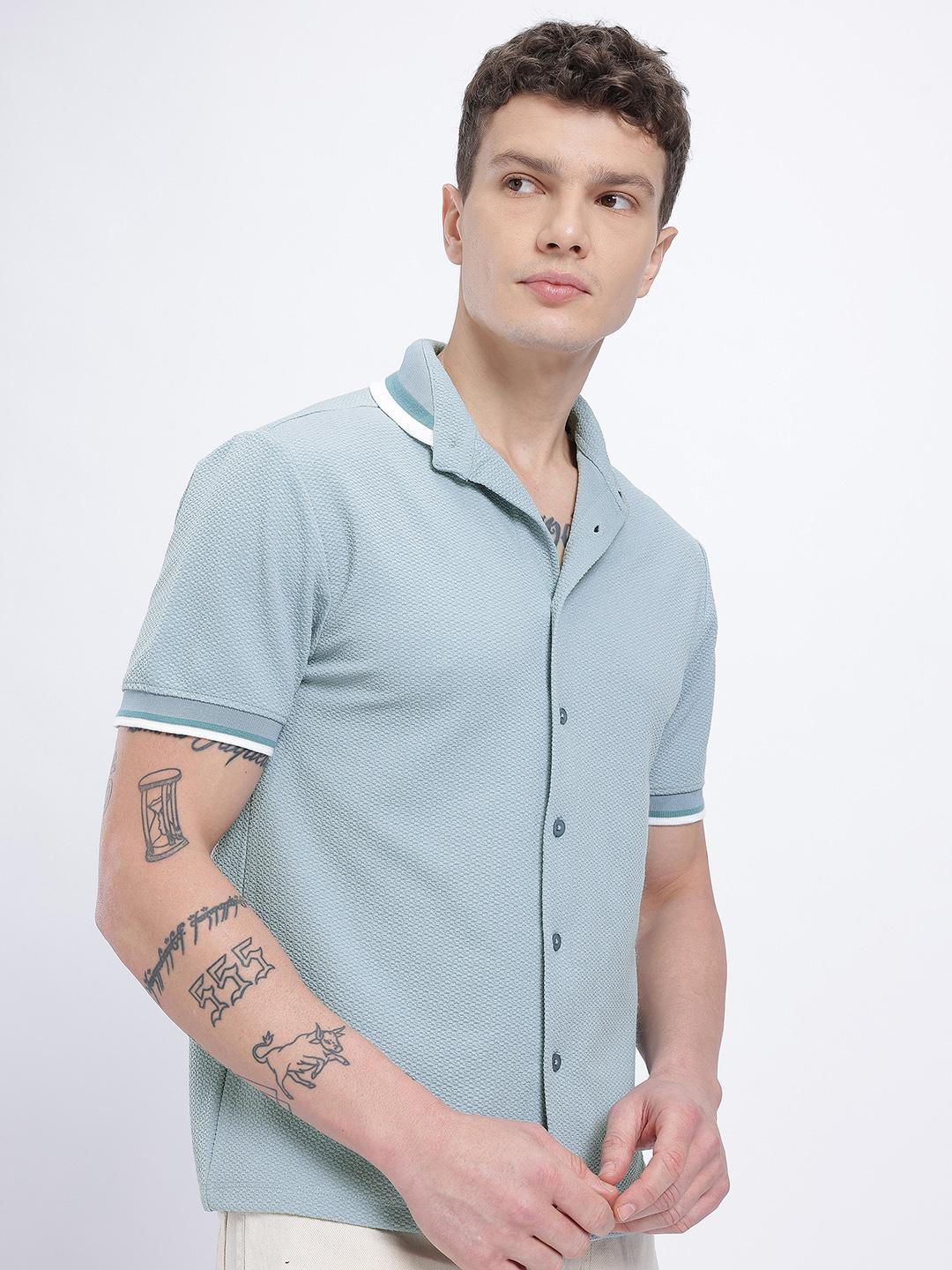 glitchez Textured Contrast Striped Collar Regular Fit Shirt