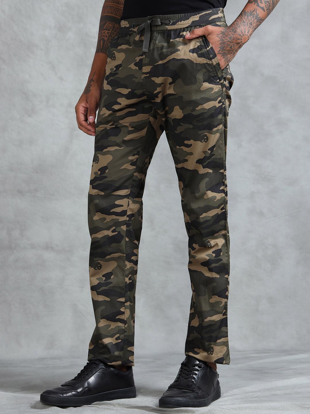 Buy Beevee Men Camouflage Printed Regular Fit Mid Rise Trousers ...