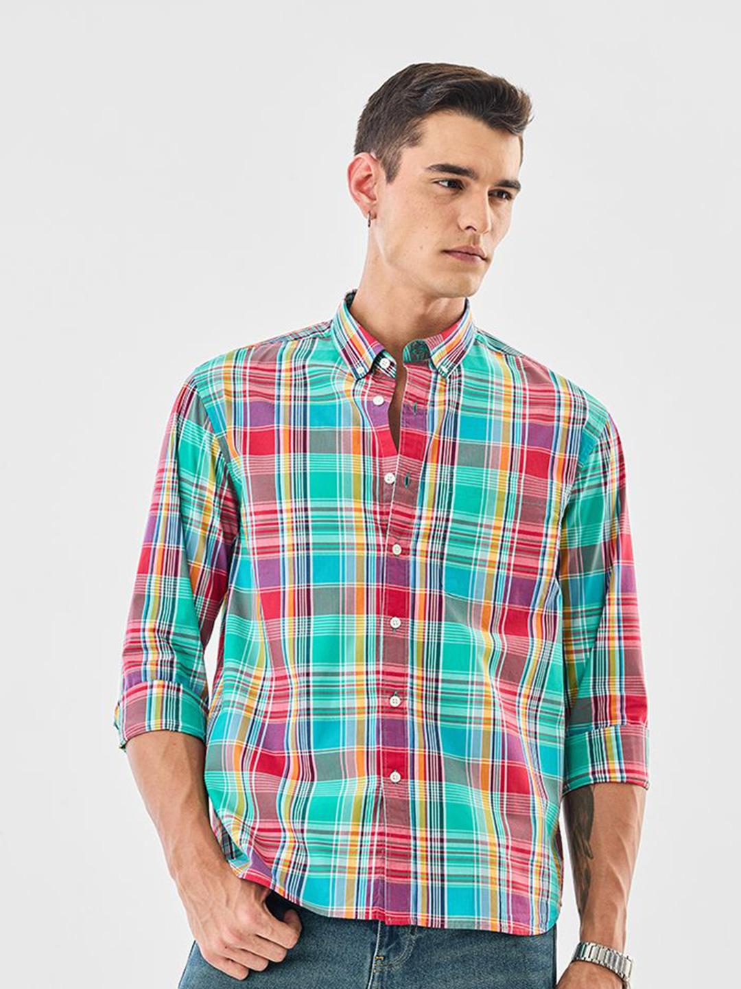 Snitch Men Tartan Checked Button-Down Collar Cotton Casual Shirt