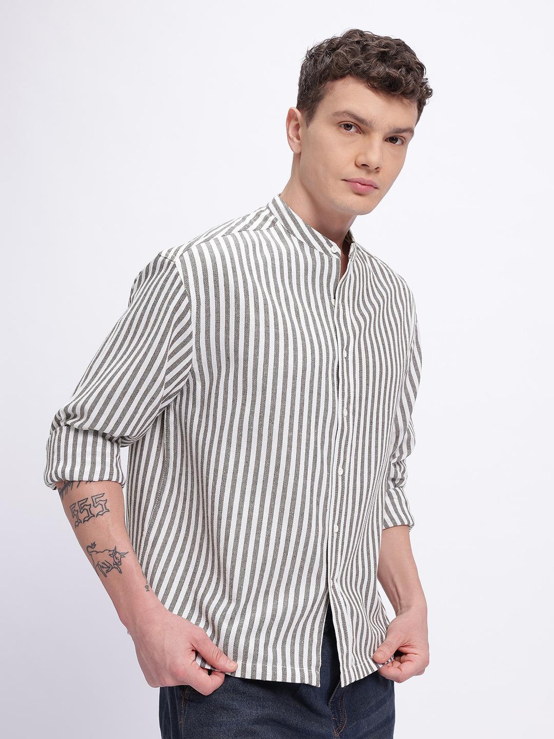glitchez Vertically Striped Mandarin Collar Oversized Shirt