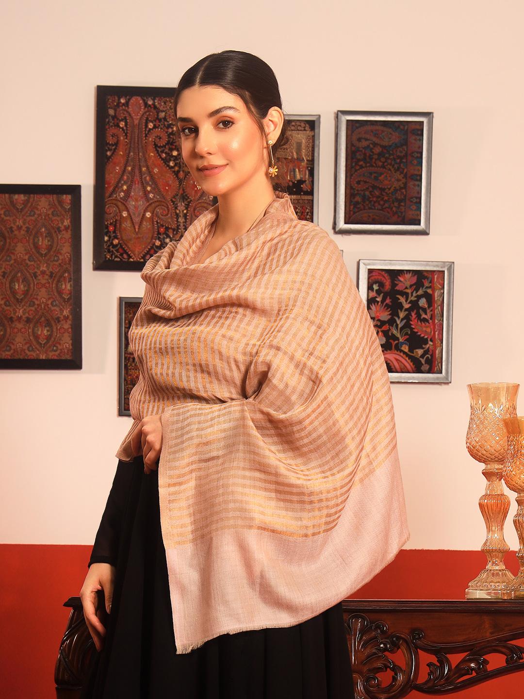 Buy Pashmoda Striped Woven Design Woollen Reversible Shawl - - Apparel for Women
