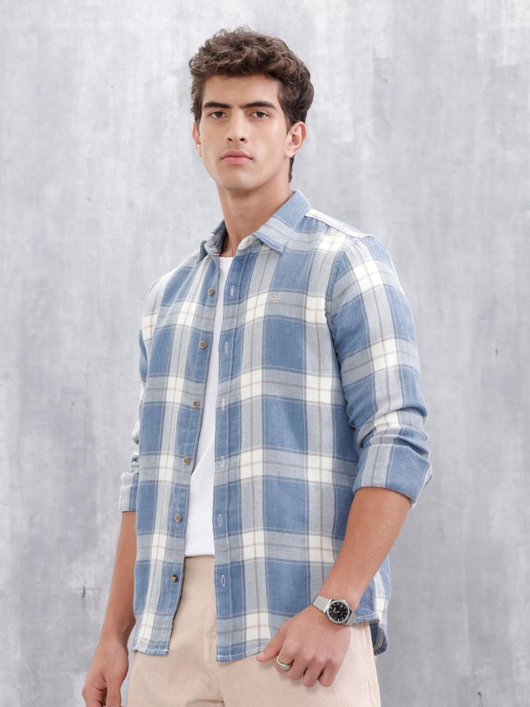 WROGN Slim Fit Checked Spread Collar Pure Cotton Casual Shirt