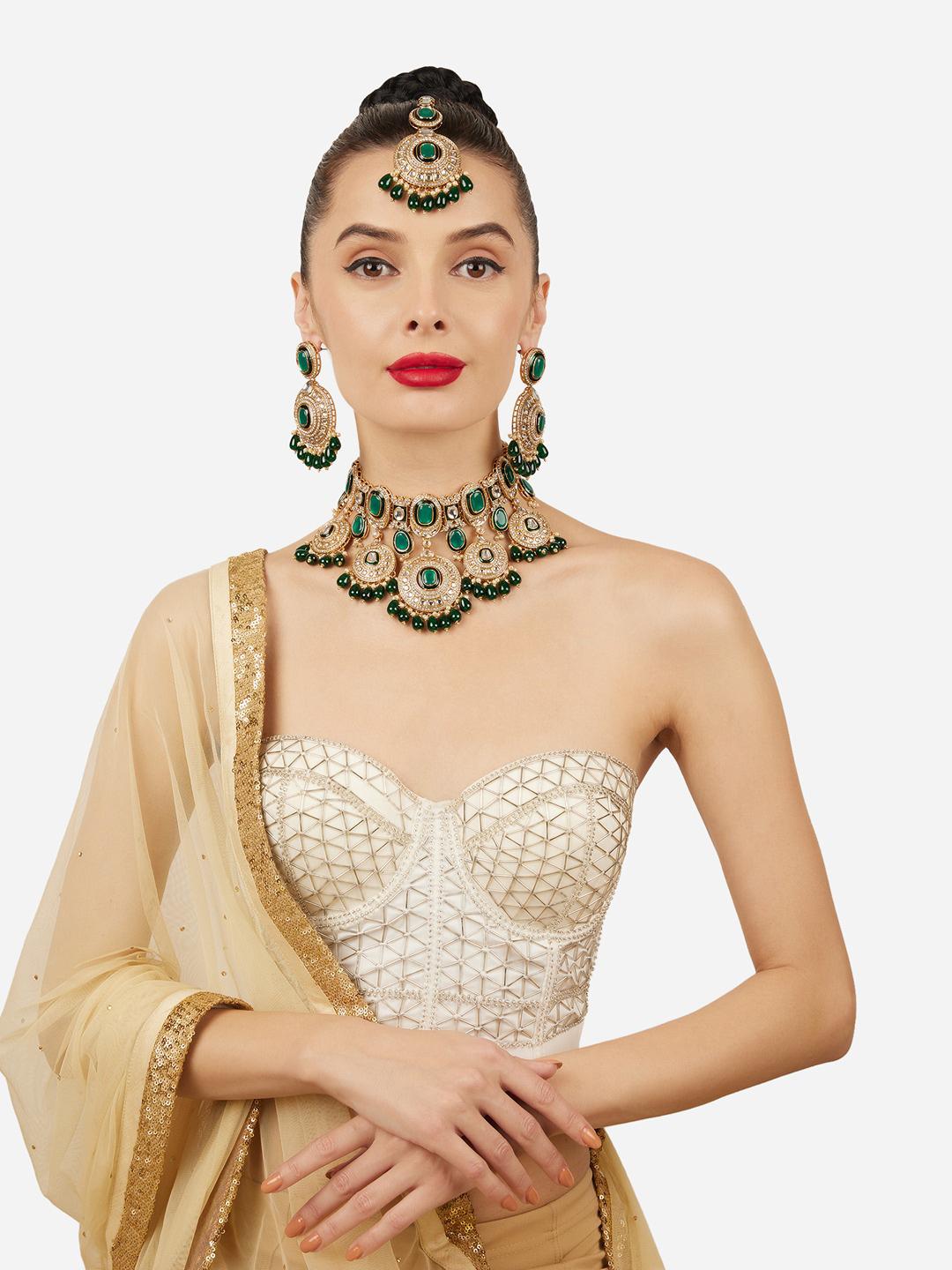 Buy Zaveri Pearls Gold Plated Artificial Stone Studded & Beaded Jewellery Set - - Accessories for Women