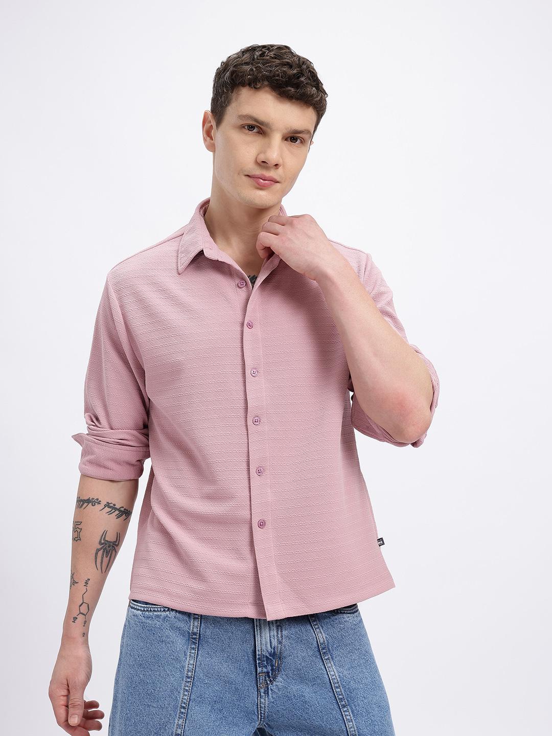glitchez Horizontal Self Striped Regular Fit Casual Shirt