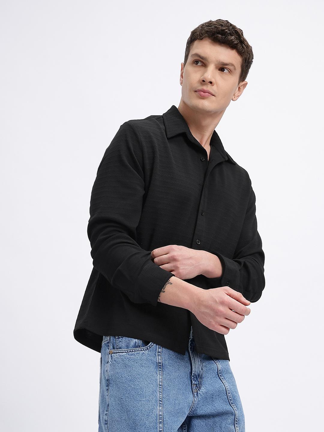 glitchez Spread Collar Textured Casual Shirt