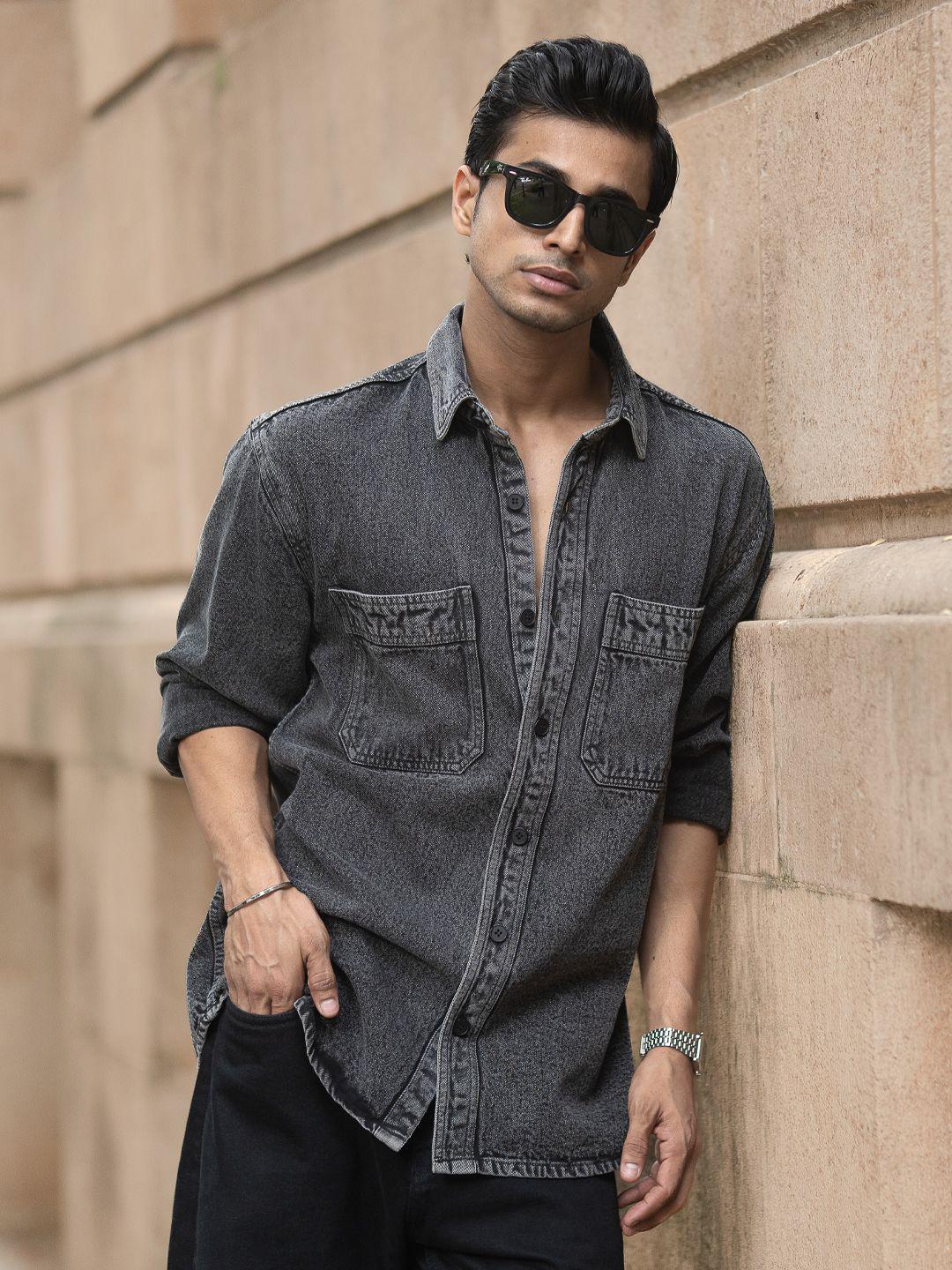 Powerlook SS25 Charcoal Washed Denim Casual Shirt