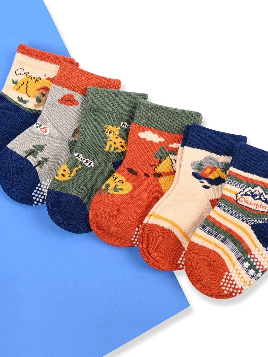 Cute Walk By Babyhug Anti Bacterial Anti Skid Ankle Length Socks Striped Print Pack Of 3 - Yellow Blue & White main image 1