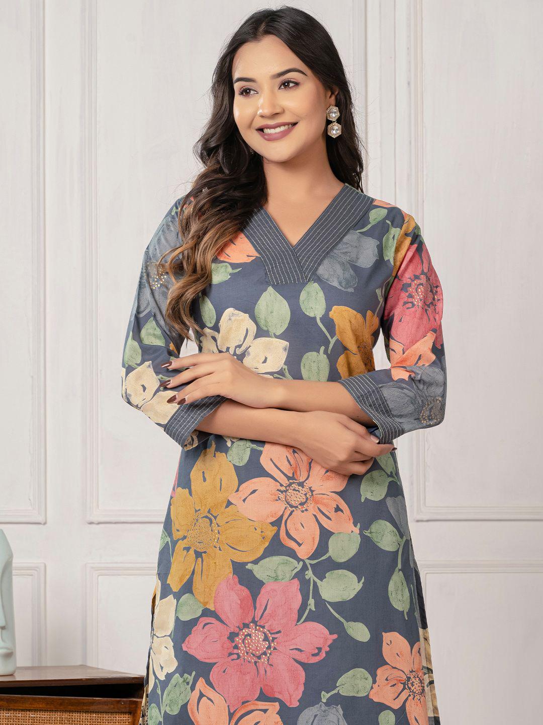 Buy Indo Era Floral Floral Printed Pure Cotton V Neck Tunic With Trousers -  - Apparel for Women