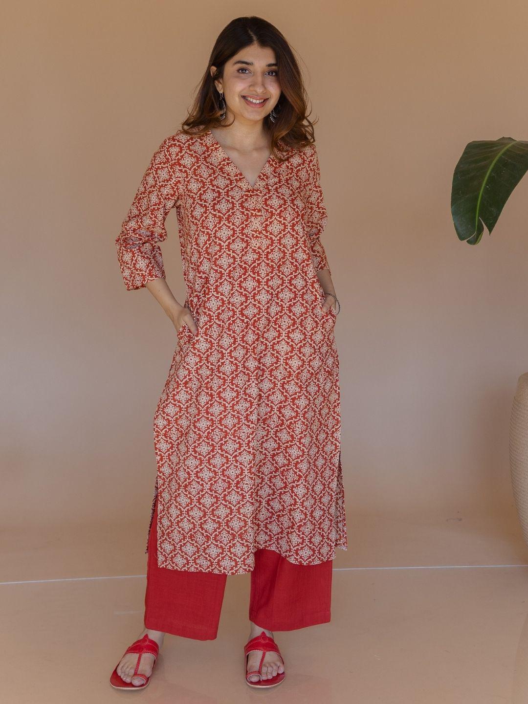 Brown - Natural Dyed Cotton Straight Bagru Print Kurta 05
