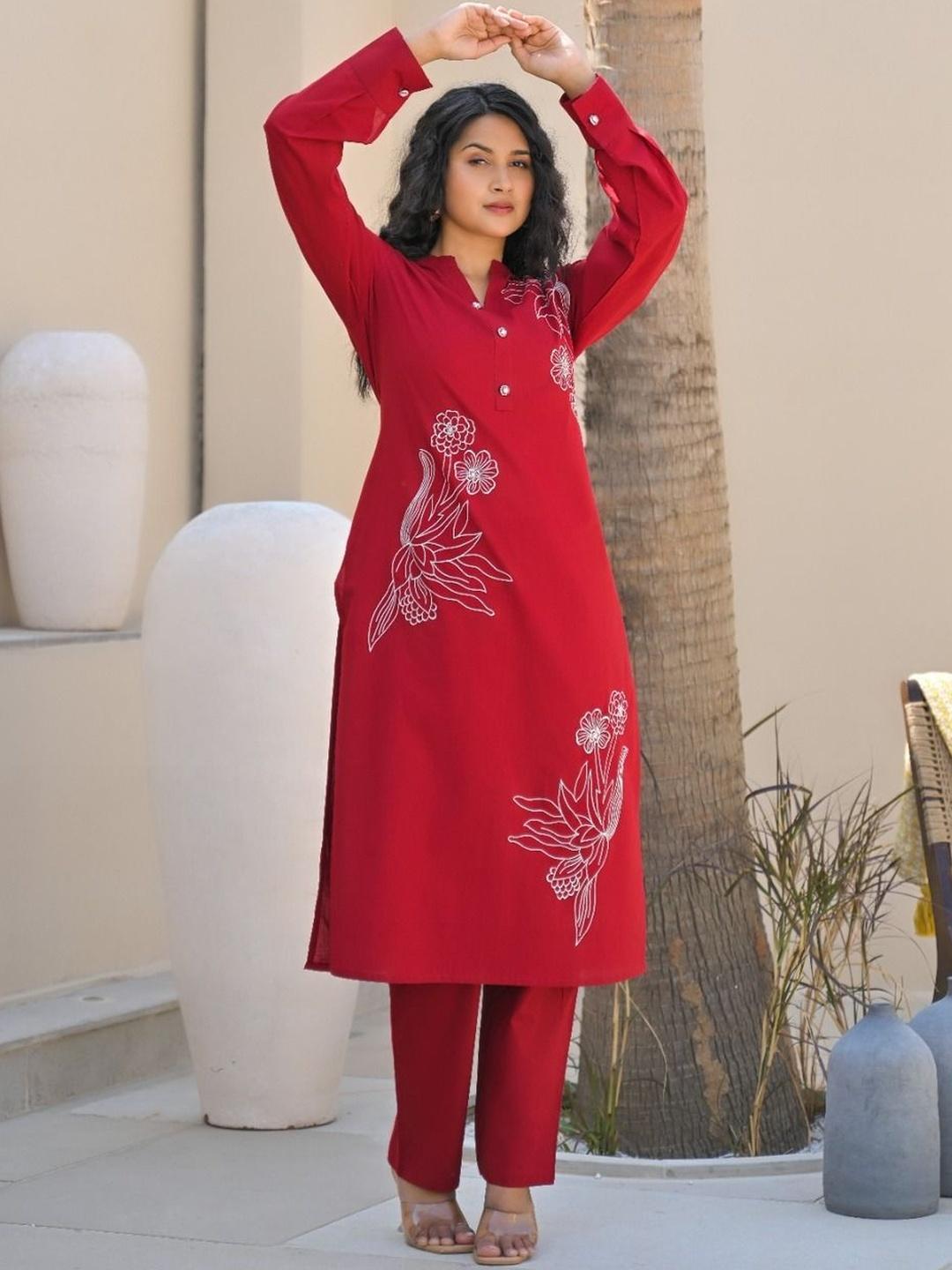 Women Floral Embroidered Regular Thread Work Pure Cotton Kurta with Trousers & With Dupatta