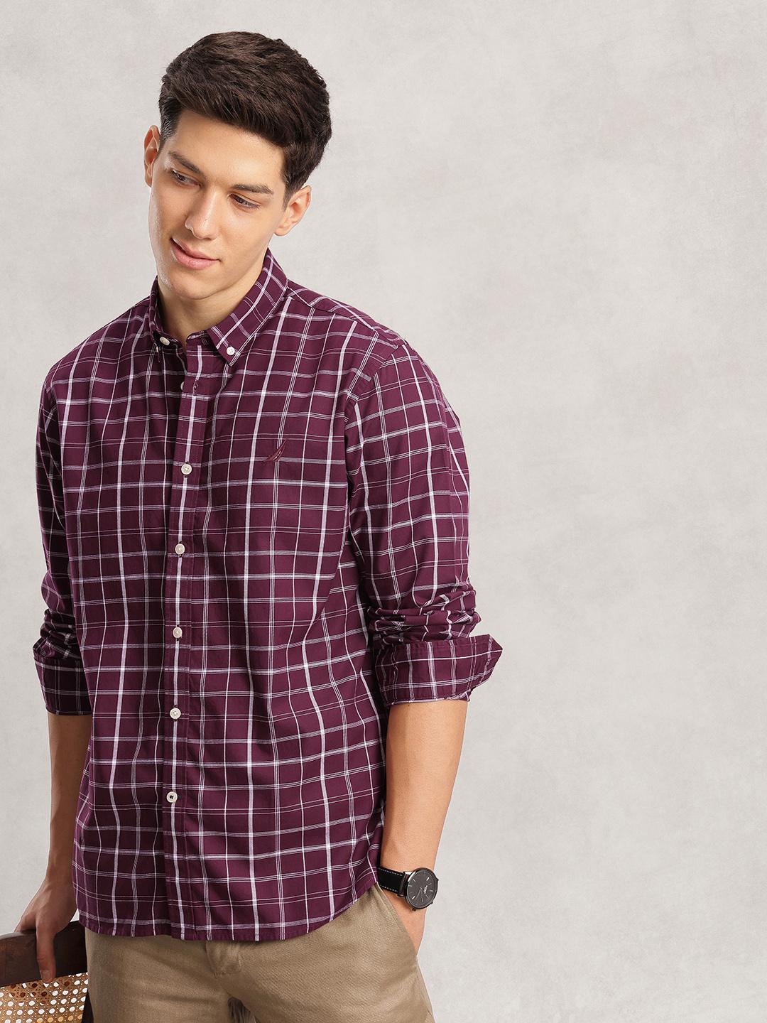 Nautica Pure Cotton Button-Down Collar Checked Classic Fit Casual Shirt