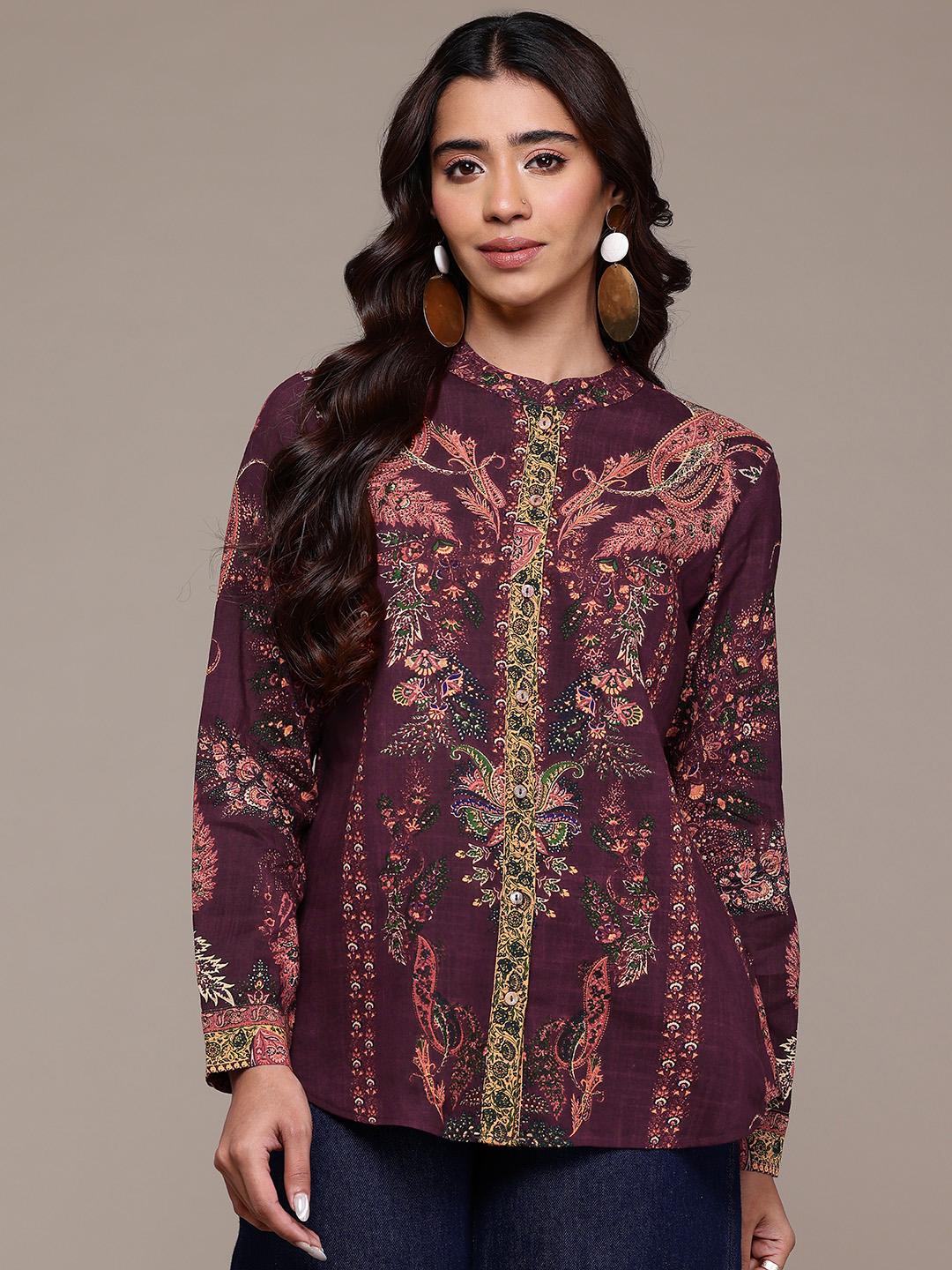 Buy Aarke Ritu Kumar Ethnic Motifs Printed Mandarin Collar Casual Shirt ...