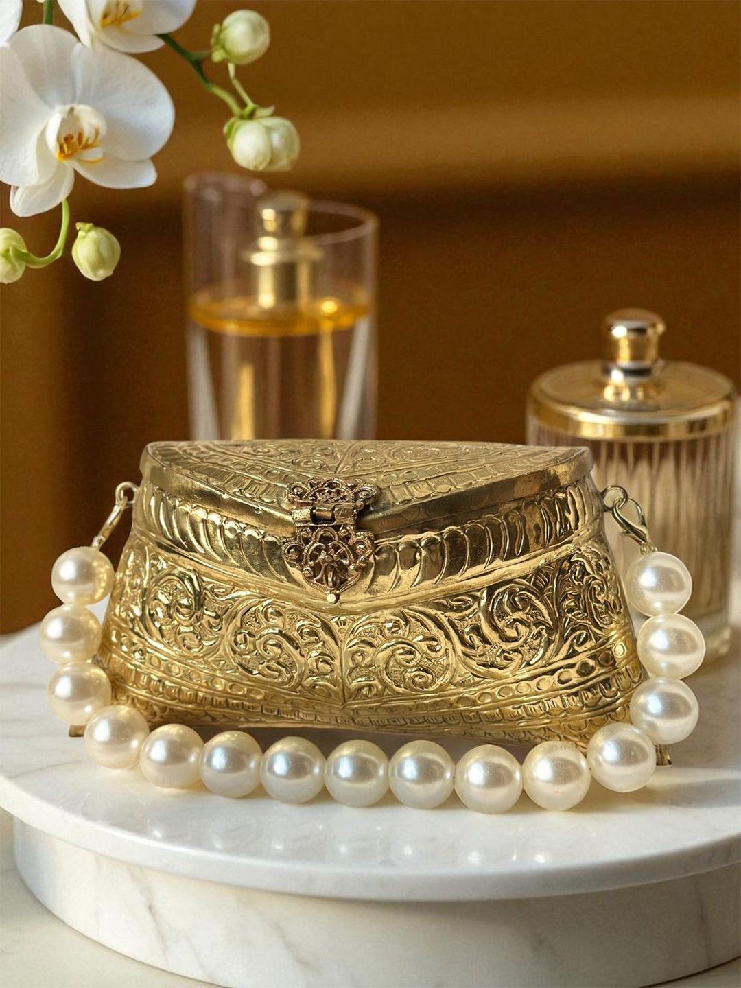 White Embellished Box Clutch with Wrist Loop & Twist Closure