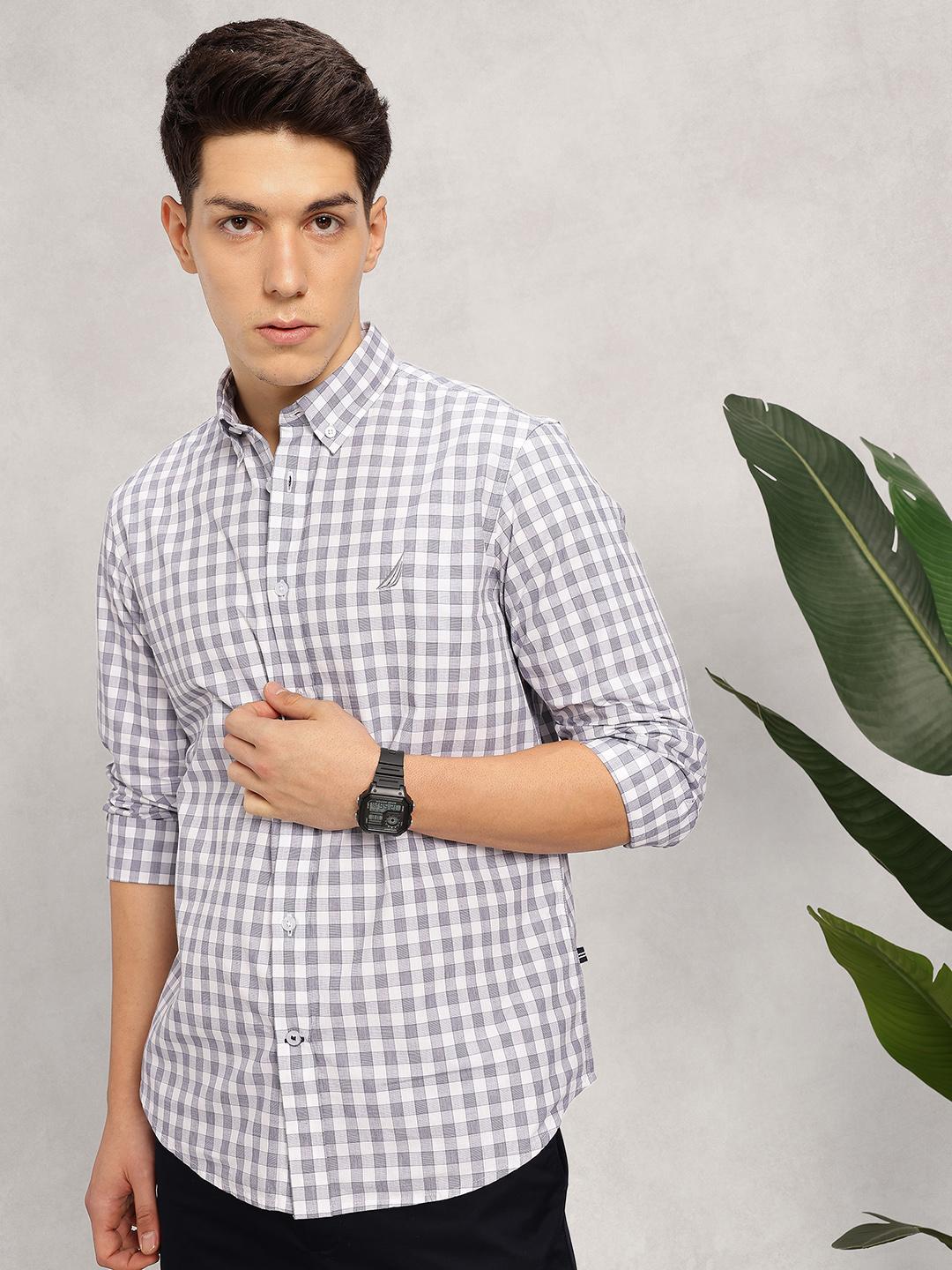 Nautica Slim Fit Micro Checked Pure Cotton Casual Shirt