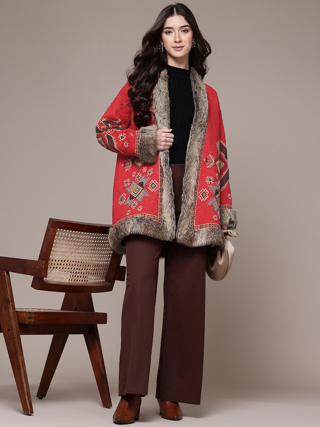 Buy Ritu Kumar Ethnic Motifs Embroidered Faux Fur Front Open Overcoat ...