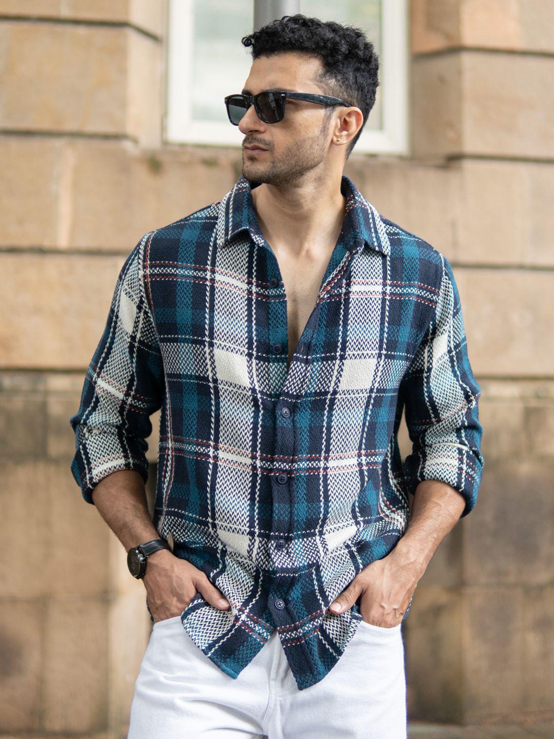 Powerlook Men Tartan Checked Spread Collar Casual Shirt