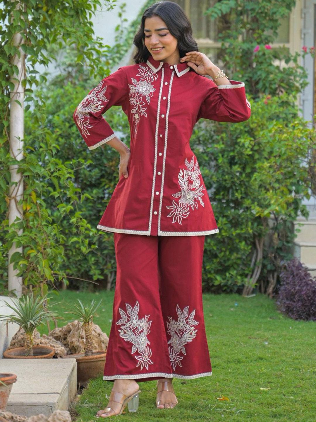 Women Indo Western Embroidered Pure Cotton Tunic With Trousers Co-Ords Set